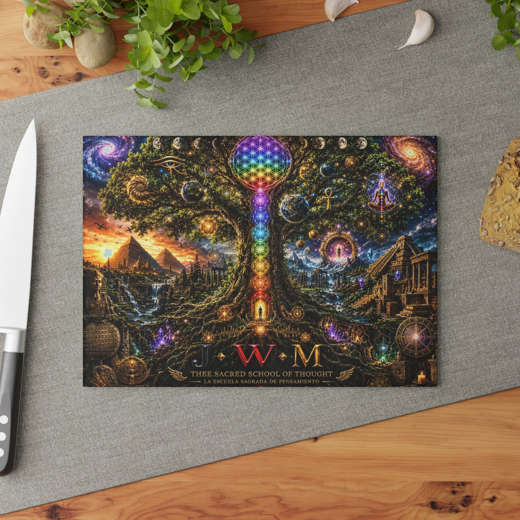 THE COSMIC TREE OF MEMORY ✨🌳🌌 Glass Cutting Board — Sacred Awakening Collection  EL ÁRBOL CÓSMICO DE LA MEMORIA ✨🌳🌌 Tabla de Cortar de Vidrio — Colección del Despertar Sagrado  This is not merely a...