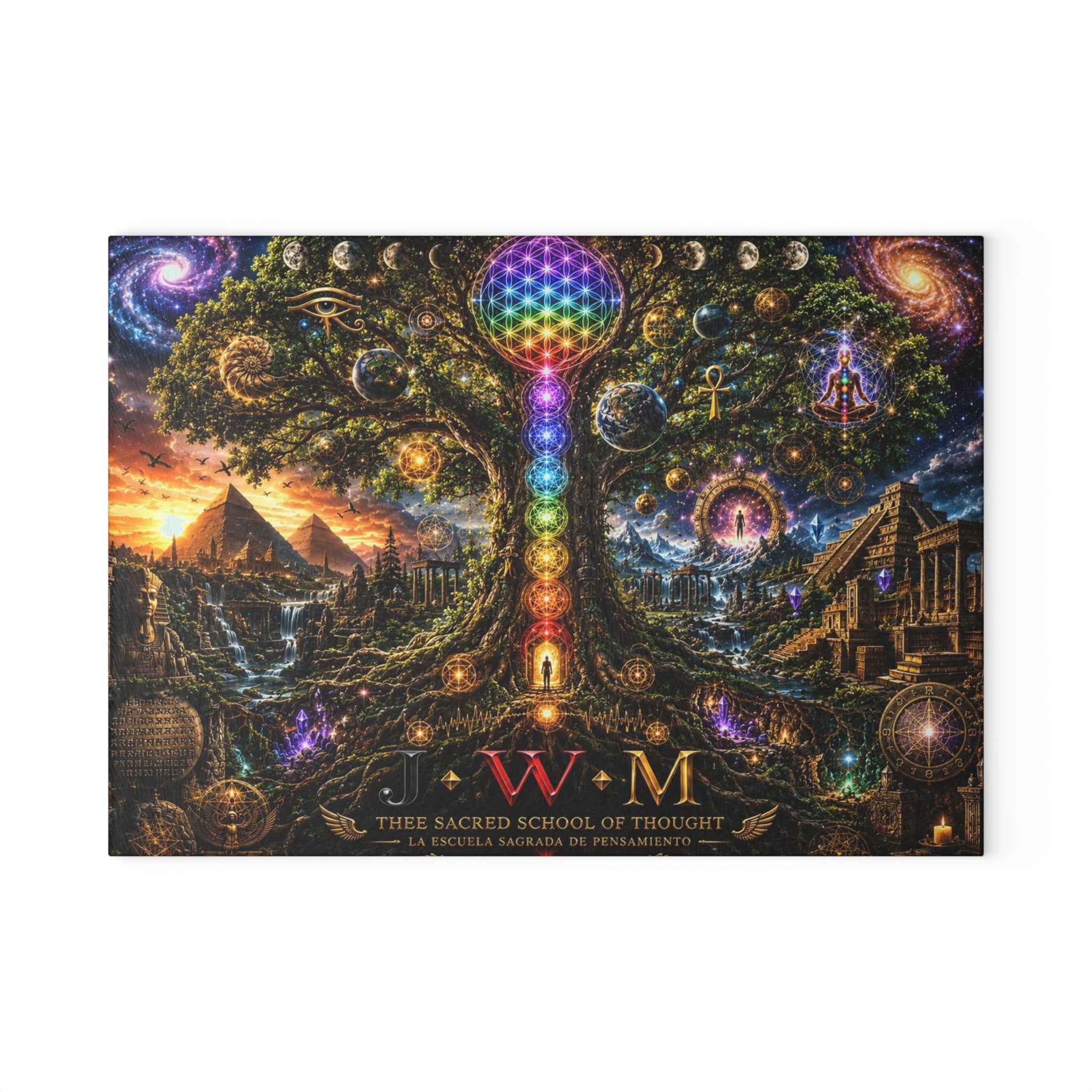 THE COSMIC TREE OF MEMORY ✨🌳🌌 Glass Cutting Board — Sacred Awakening Collection  EL ÁRBOL CÓSMICO DE LA MEMORIA ✨🌳🌌 Tabla de Cortar de Vidrio — Colección del Despertar Sagrado  This is not merely a...