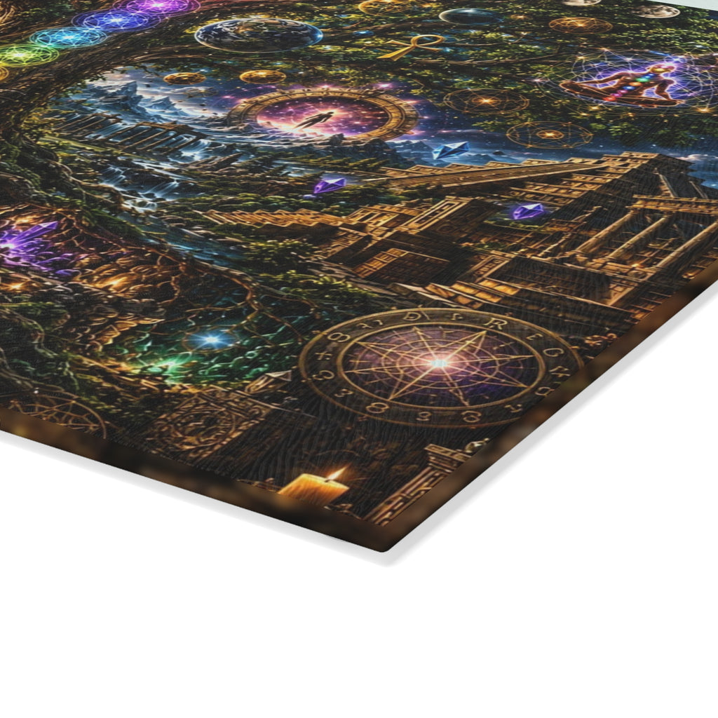 THE COSMIC TREE OF MEMORY ✨🌳🌌 Glass Cutting Board — Sacred Awakening Collection  EL ÁRBOL CÓSMICO DE LA MEMORIA ✨🌳🌌 Tabla de Cortar de Vidrio — Colección del Despertar Sagrado  This is not merely a...